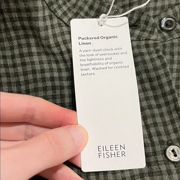 Eileen Fisher Loden Green Gingham Puckered Organic Linen Dress XS NWT